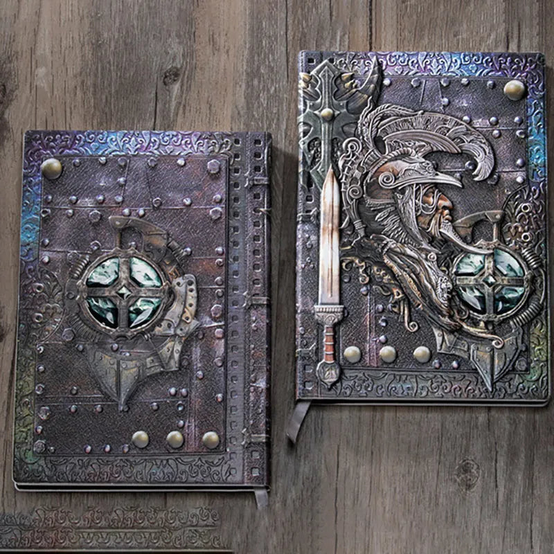 A5 leather notebook with embossed 3D warrior design on the cover.