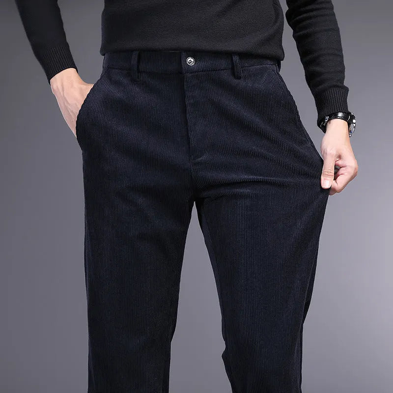 Retro-style men's straight-leg striped trousers in a chemical fibre blend fabric.