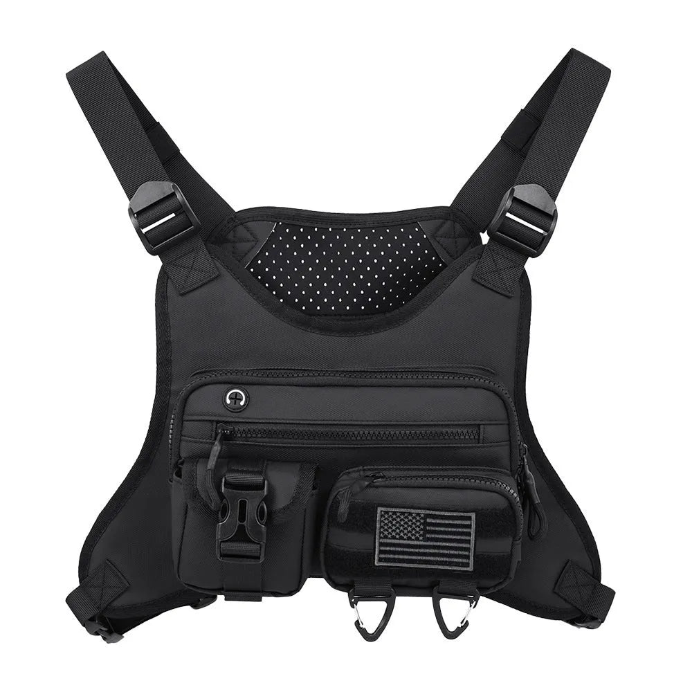 Oxford cloth outdoor sports chest bag in black colour with sewing line detailing and breathable vest design