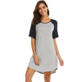 Women's patchwork nightdress with navy blue contrast sleeves on a light grey body.