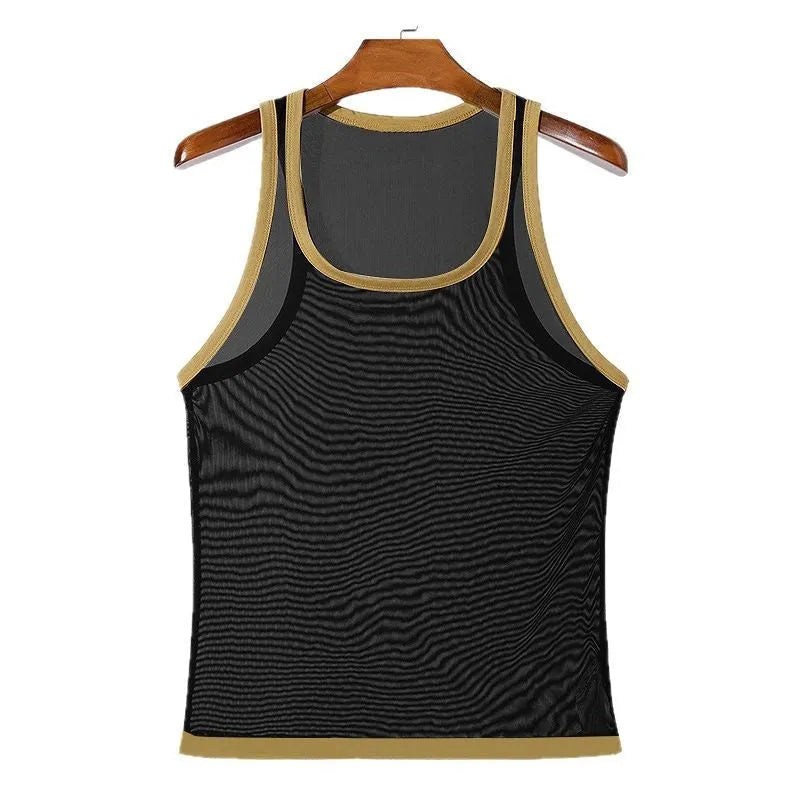 Men's tight white mesh sports vest with straight hem on a manikin