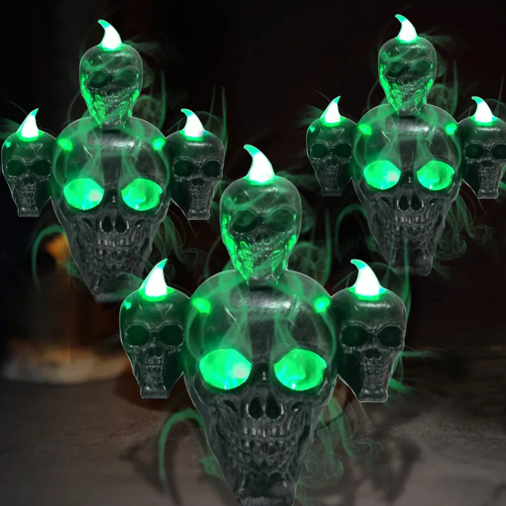 Halloween skull ornament with LED light, plastic construction, gold finish, 14x12x9cm