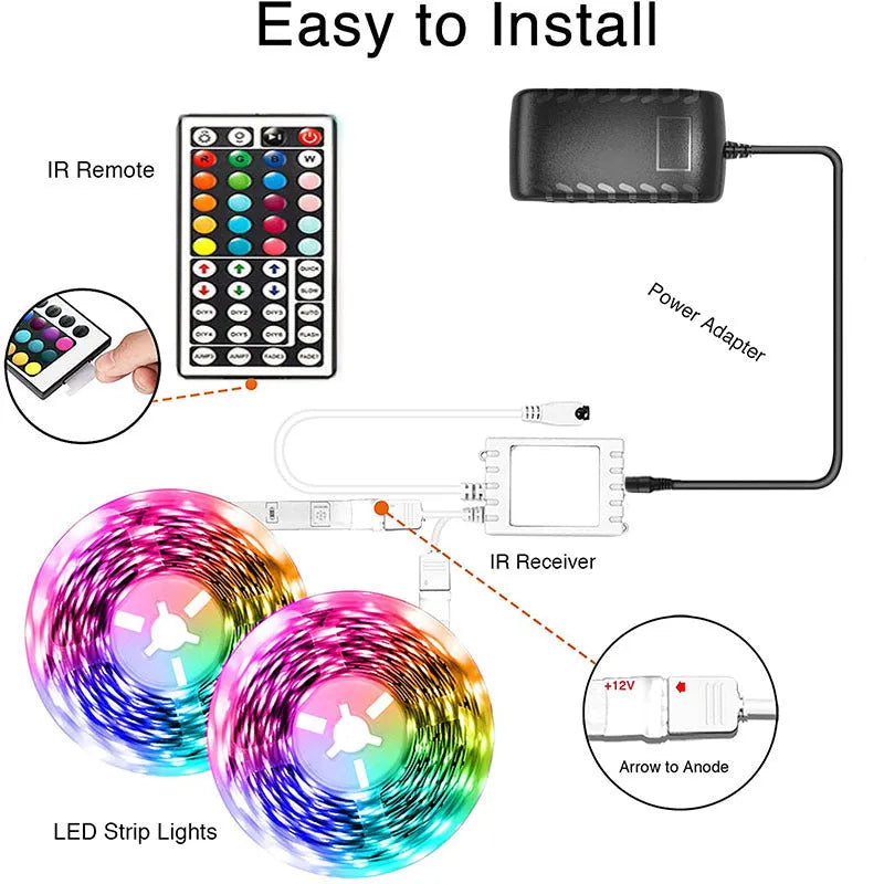 DC 12V Bluetooth LED light strip with 44-key remote controller and power adapter