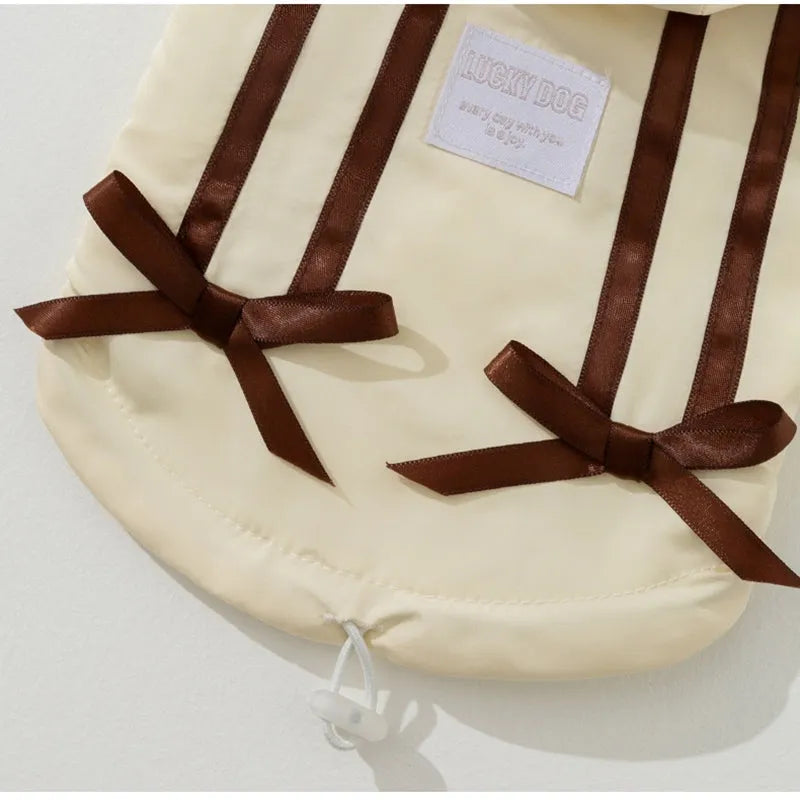 Hooded padded pet vest with bow ties for small cats and dogs, beige and pink, sizes XS to XXL