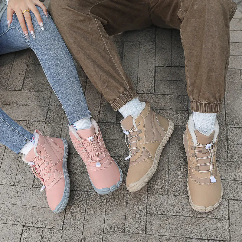 Waterproof fleece-lined outdoor snow boots with round toe and front lace-up in black, khaki, or pink.