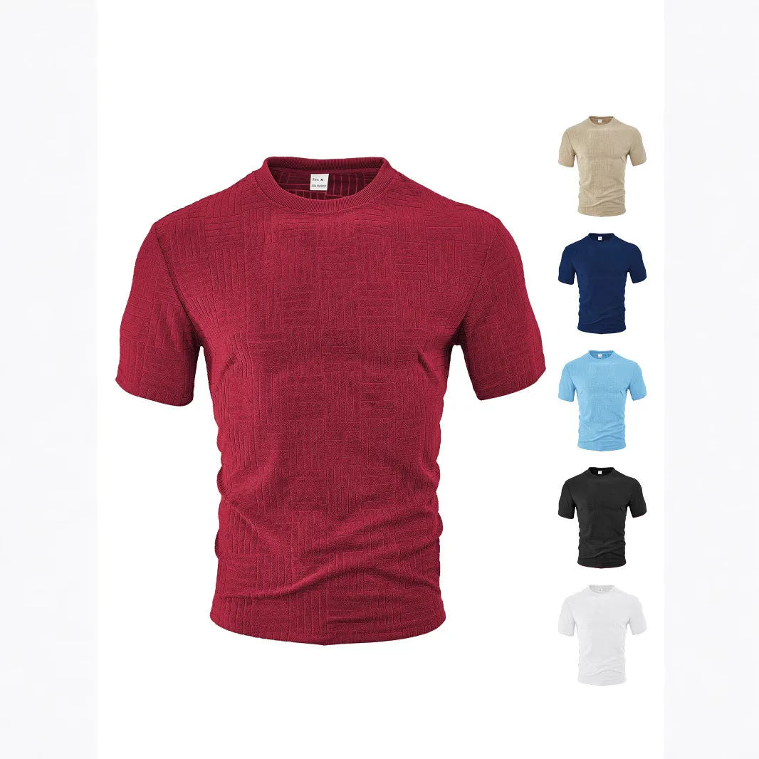 Casual loose breathable round neck towel jacquard short sleeve top in light blue, front view