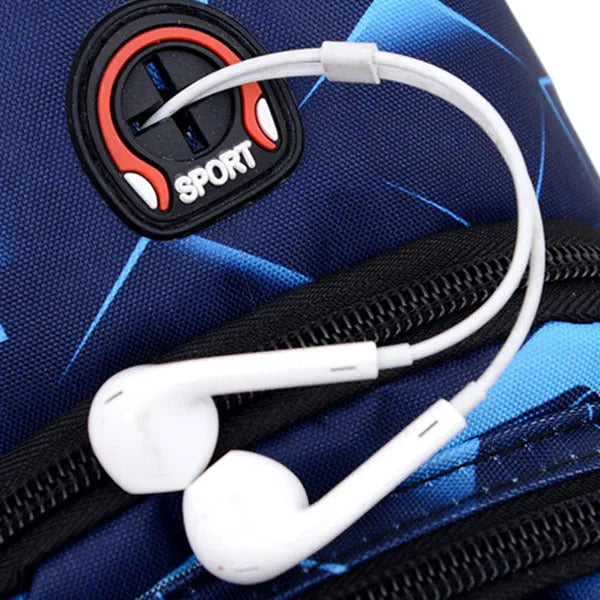 Blue print sling chest crossbody bag for men with an earphone hole and zipper opening.