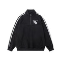 Black Hong Kong style polyester sports hoodie with stand collar and long sleeves on a hanger.