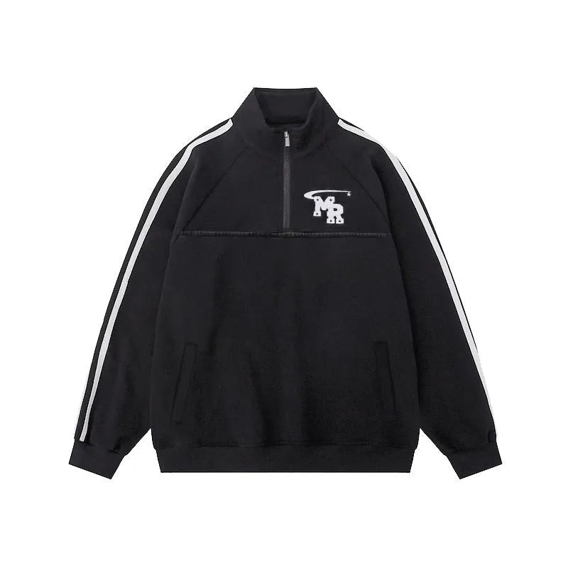 Black Hong Kong style polyester sports hoodie with stand collar and long sleeves on a hanger.