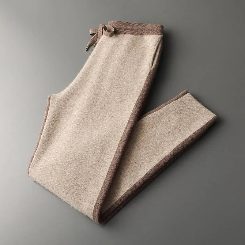 Men's camel coloured cashmere wool blend knitted cardigan suit with zip front and matching trousers.