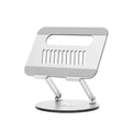 Silver aluminium laptop stand with adjustable height and rotating function on desktop