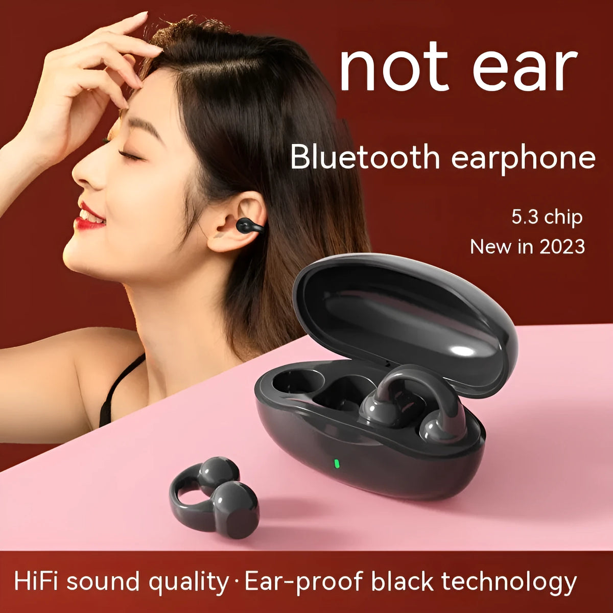 Clip-on wireless Bluetooth headset with digital display in black colour on a plain background