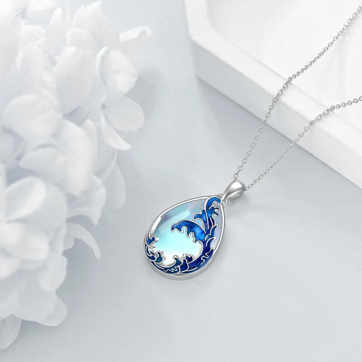 Blue alloy heart pendant necklace for women with moonstone colour finish