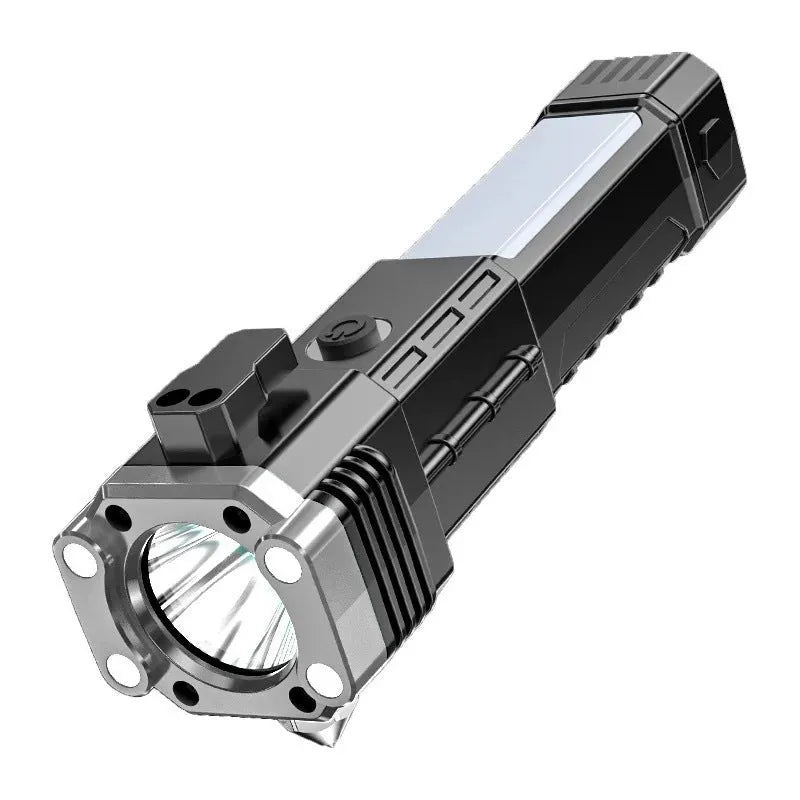 Silver coloured portable LED flashlight with plastic shell, shown as a power bank for emergency and outdoor use.