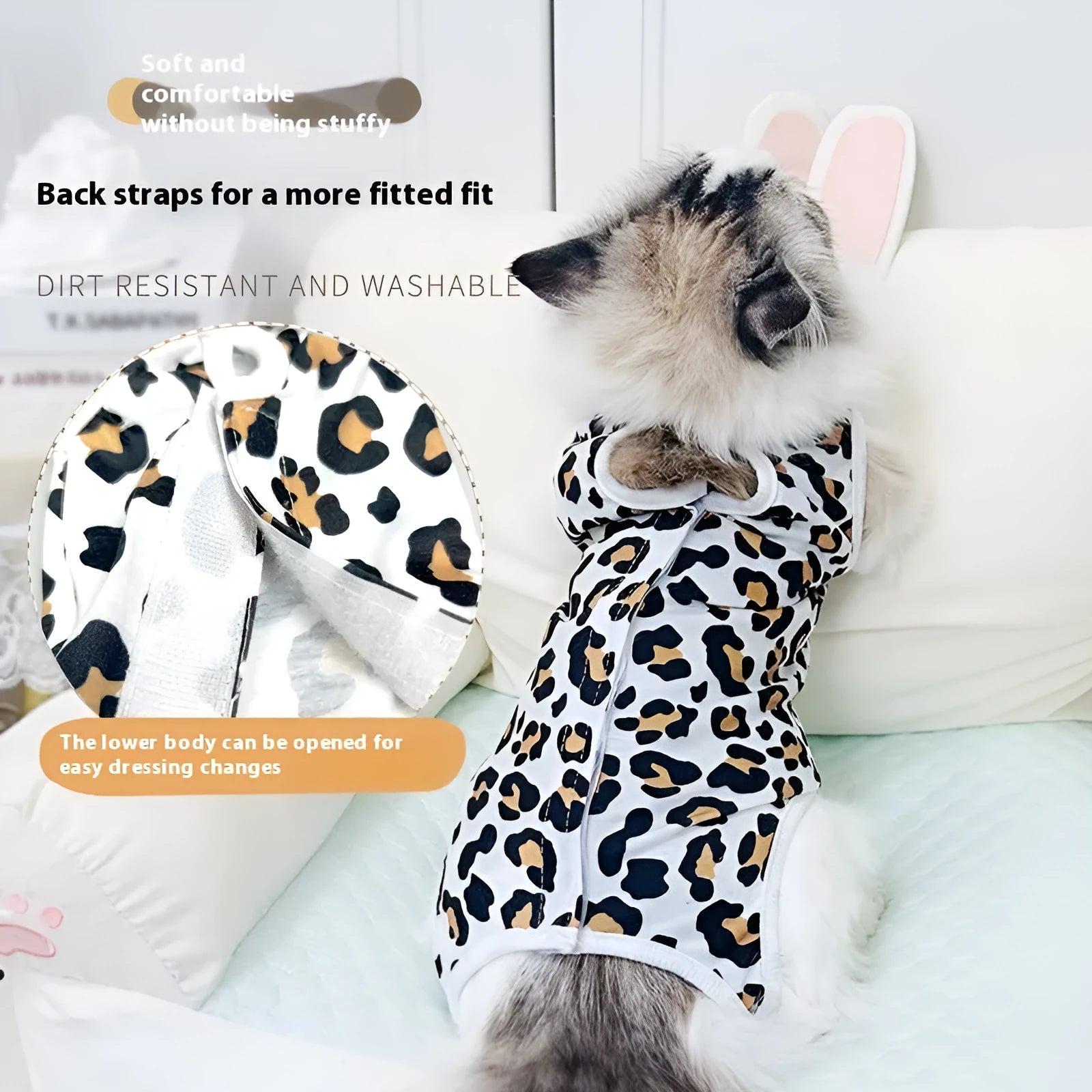 Breathable cotton cat sterilization suit for female recovery, leopard print pattern, side view on cat