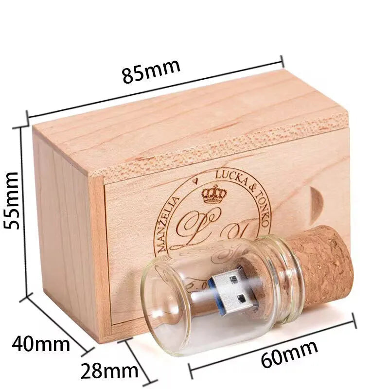 Wooden wish bottle shaped USB flash drive in transparent colour, showing scale.
