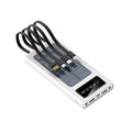 Solar power bank with integrated cable showing 20000mAh capacity and solar panel in black plastic case