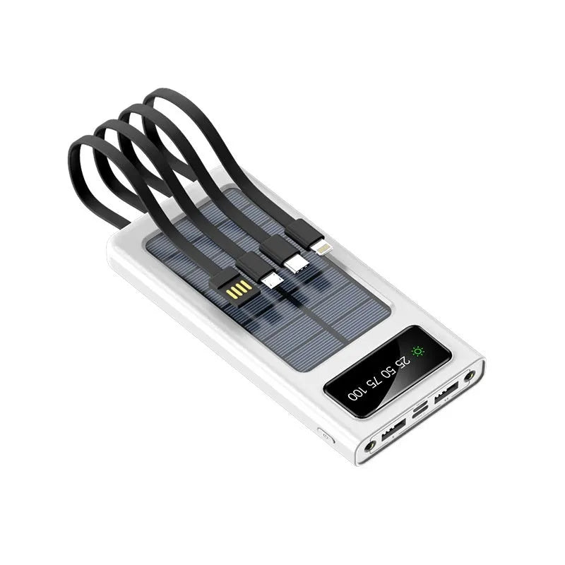 Solar power bank with integrated cable showing 20000mAh capacity and solar panel in black plastic case