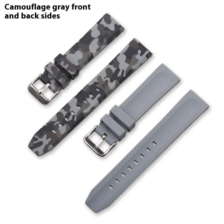 Green camouflage silicone watch strap with flat lugs, shown alongside blue and grey versions.