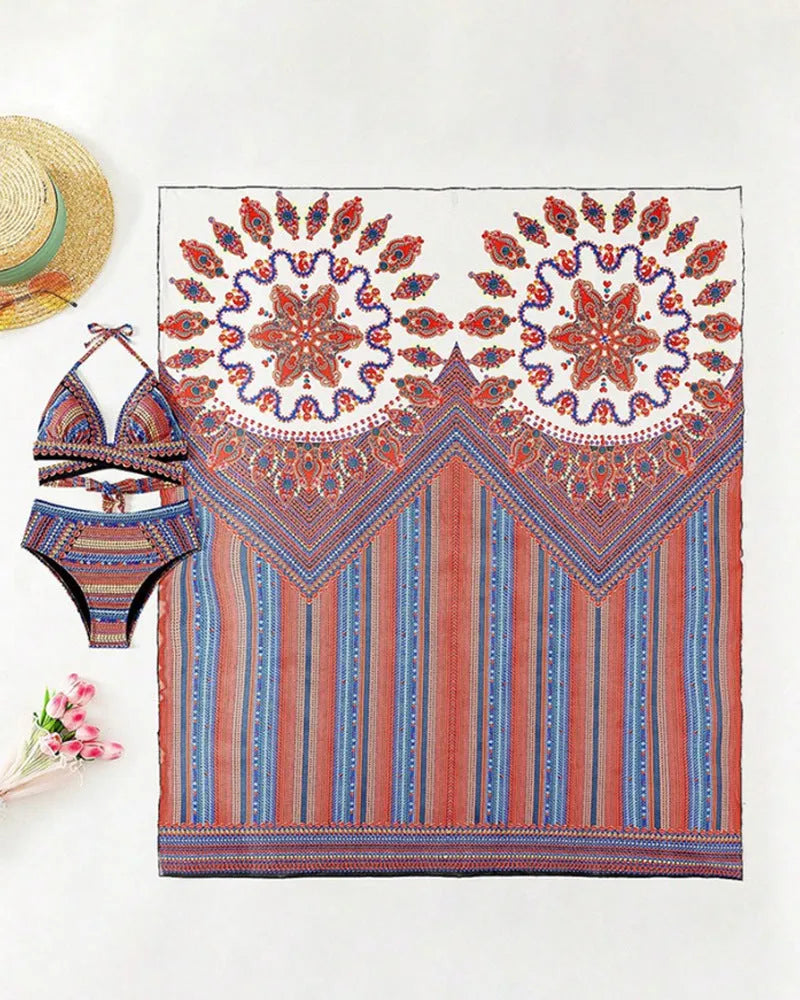 Women's three-piece swimsuit set showing high-waist briefs, sleeveless cutout blouse, and matching coat.