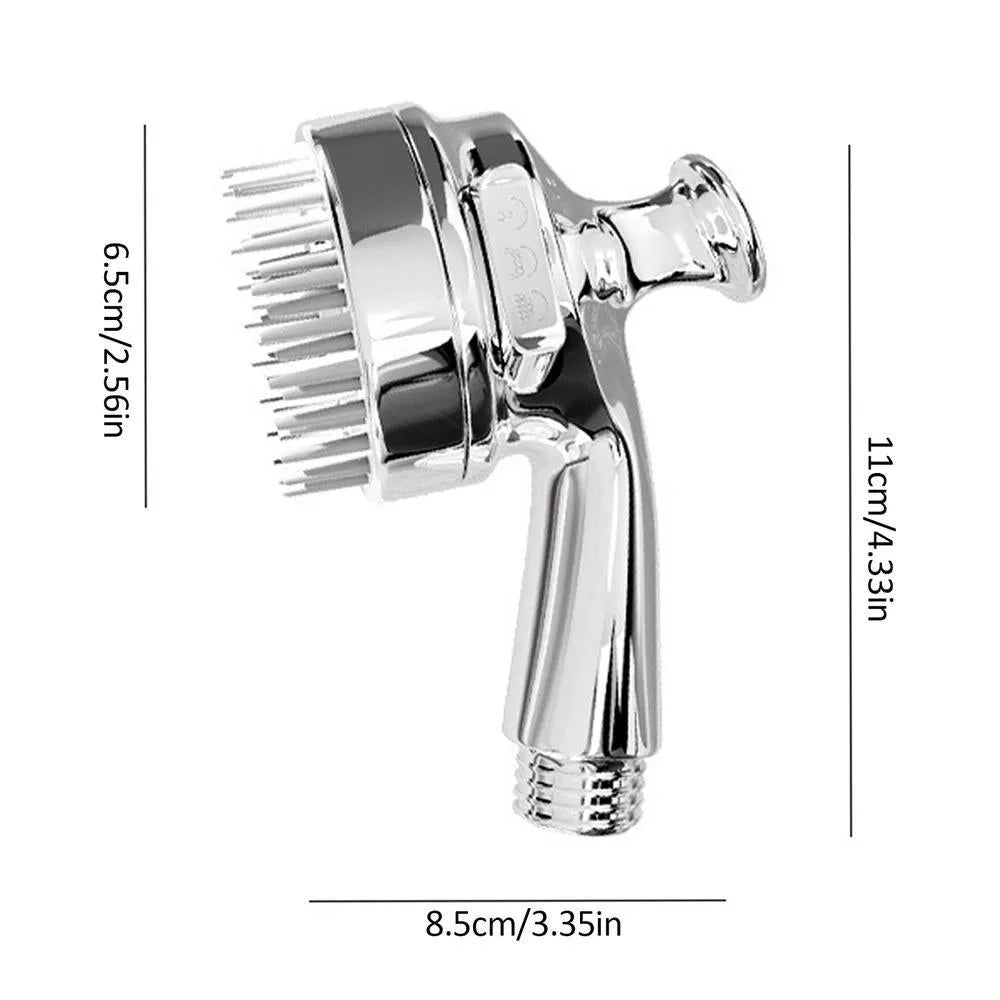 Silver 2-in-1 dog shower attachment with soft silicone comb teeth and ergonomic grip for home bathing