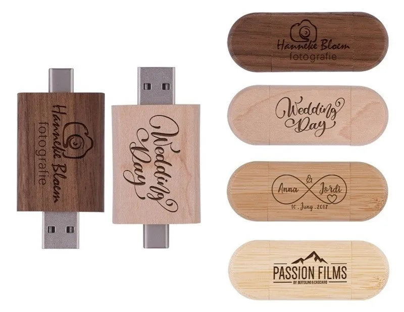 Wooden USB flash drive with natural finish showing 2-in-1 mobile phone and computer connectivity