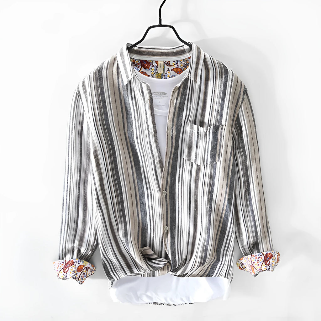 Men's gray striped linen shirt with long sleeves and loose fit on a hanger