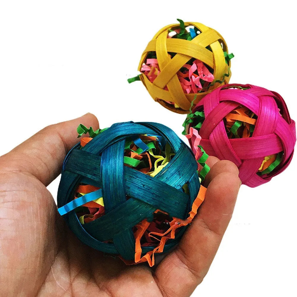 Three natural bamboo woven foraging toy balls 6cm diameter for small pets and birds