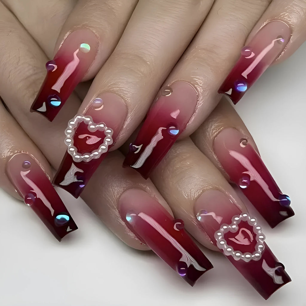 Wine red gradient fake nail tips with pearl heart design and plaid pattern