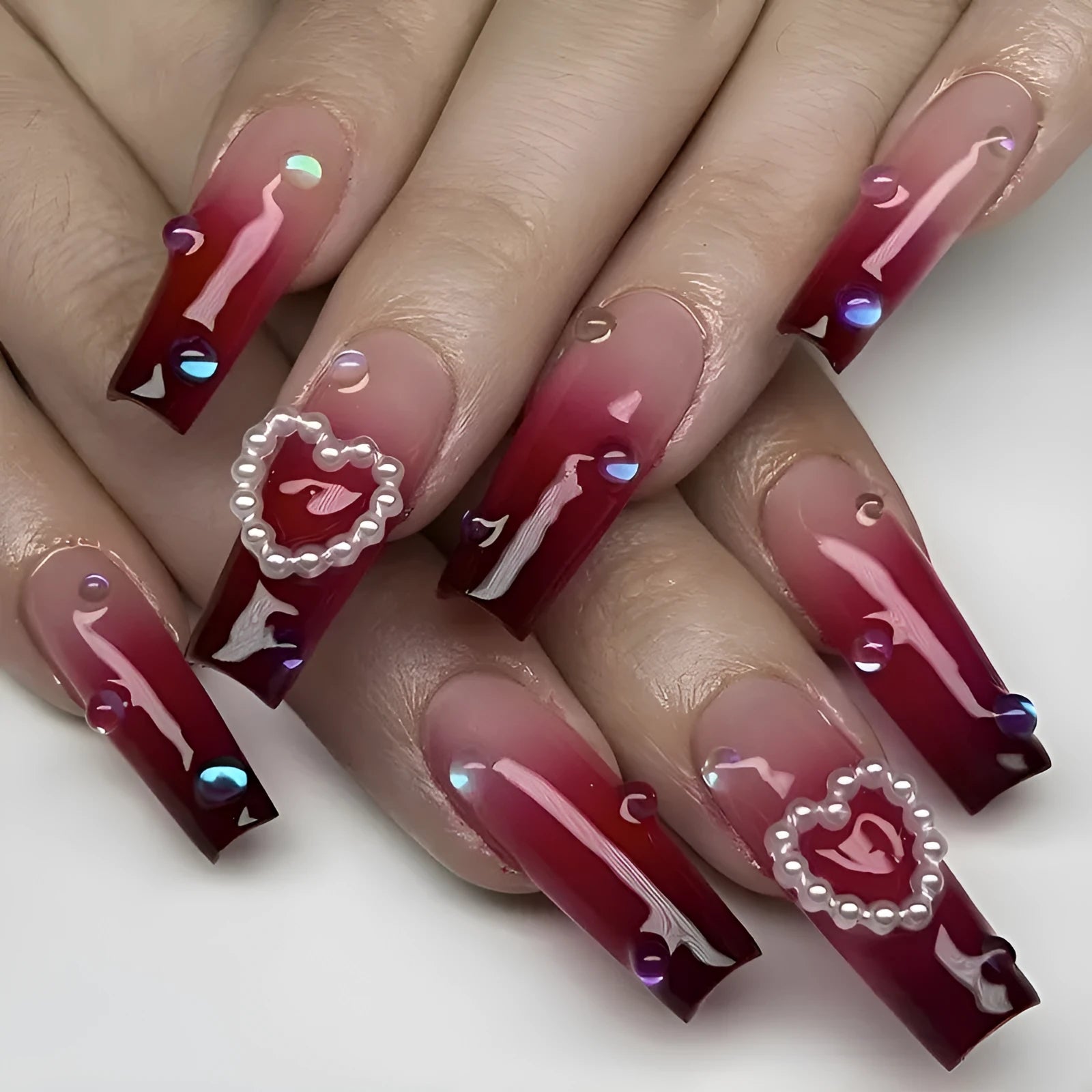 Wine red gradient fake nail tips with pearl heart design and plaid pattern