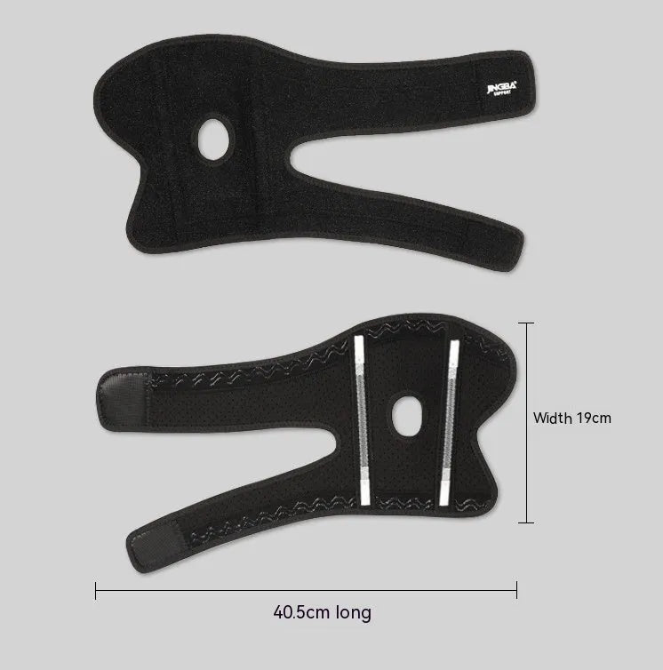 Black adjustable sports elbow guard shown on an arm for badminton, basketball, and outdoor training.