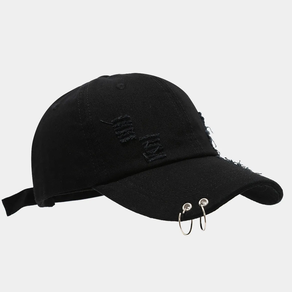 Men's adjustable denim peaked cap in black, white, and light blue jeans colours with dome crown