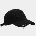 Men's adjustable denim peaked cap in black, white, and light blue jeans colours with dome crown