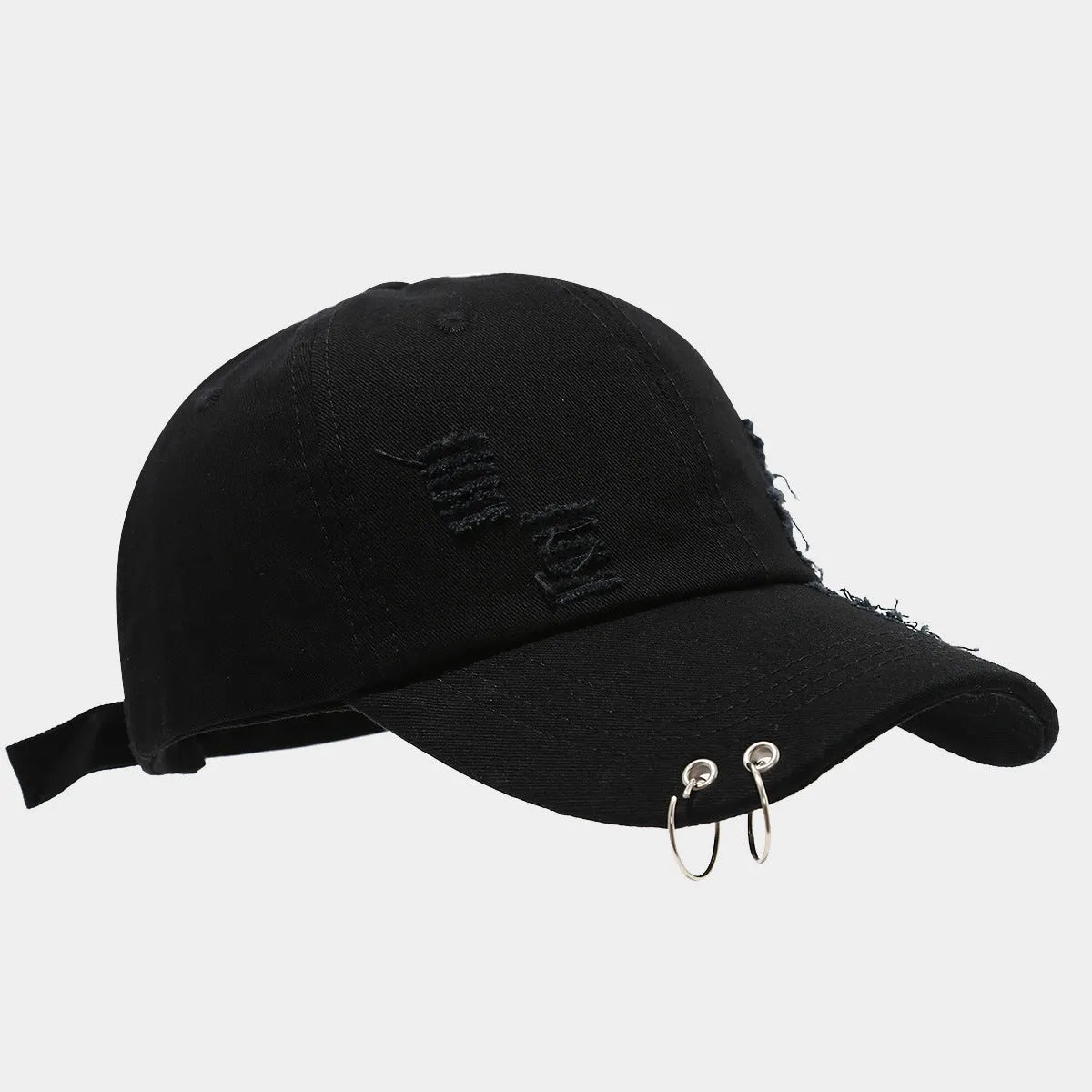 Men's adjustable denim peaked cap in black, white, and light blue jeans colours with dome crown