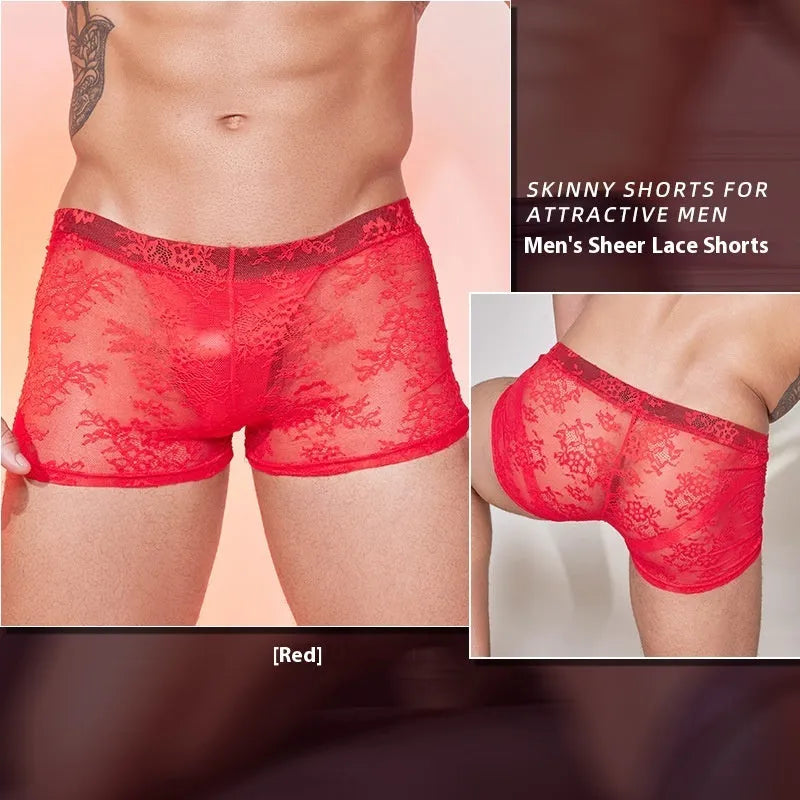 Men's nylon lace boxers in black, white, and red colours with elastic waistband free size design