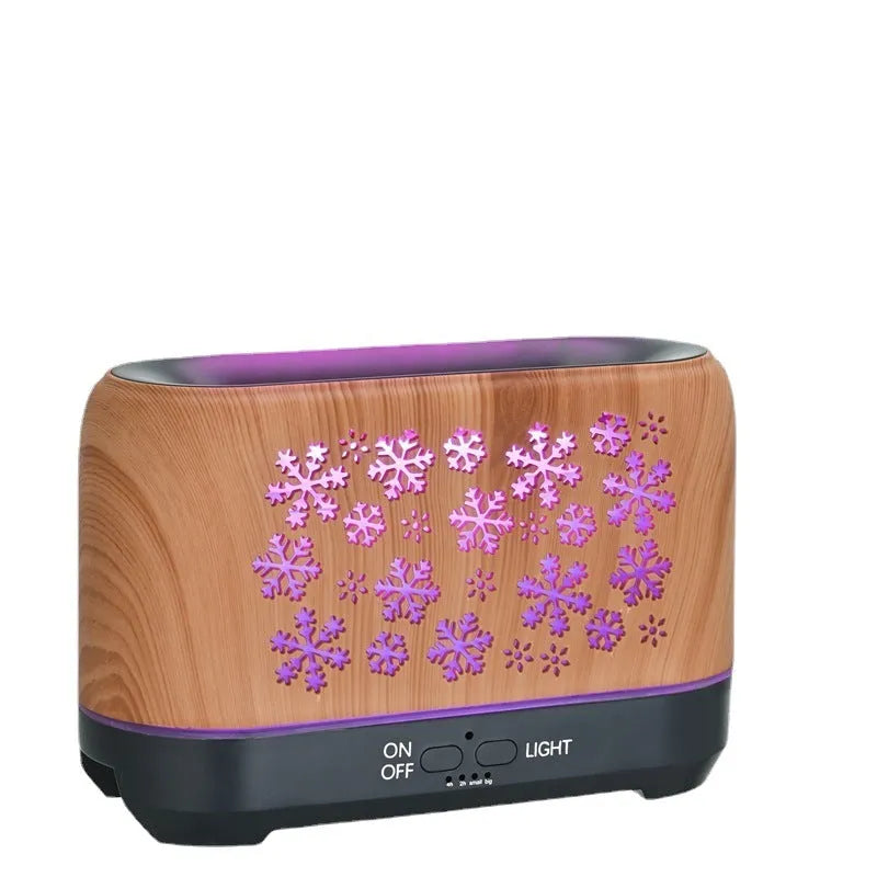 Christmas snowflake pattern humidifier with colourful flame effect and wood grain finish