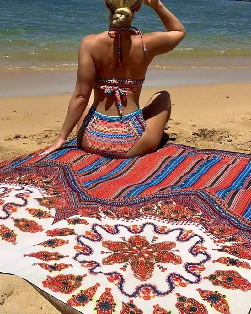Women's three-piece swimsuit set showing high-waist briefs, sleeveless cutout blouse, and matching coat.