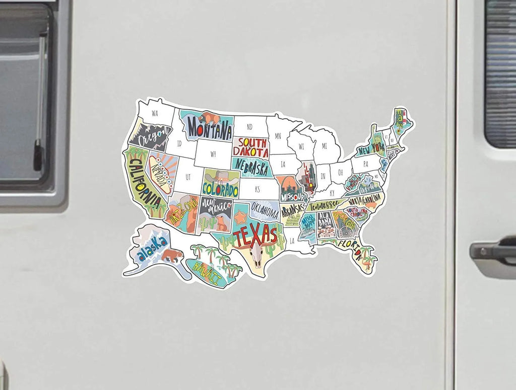 Travel car body sticker set showing adhesive letters with white background map design