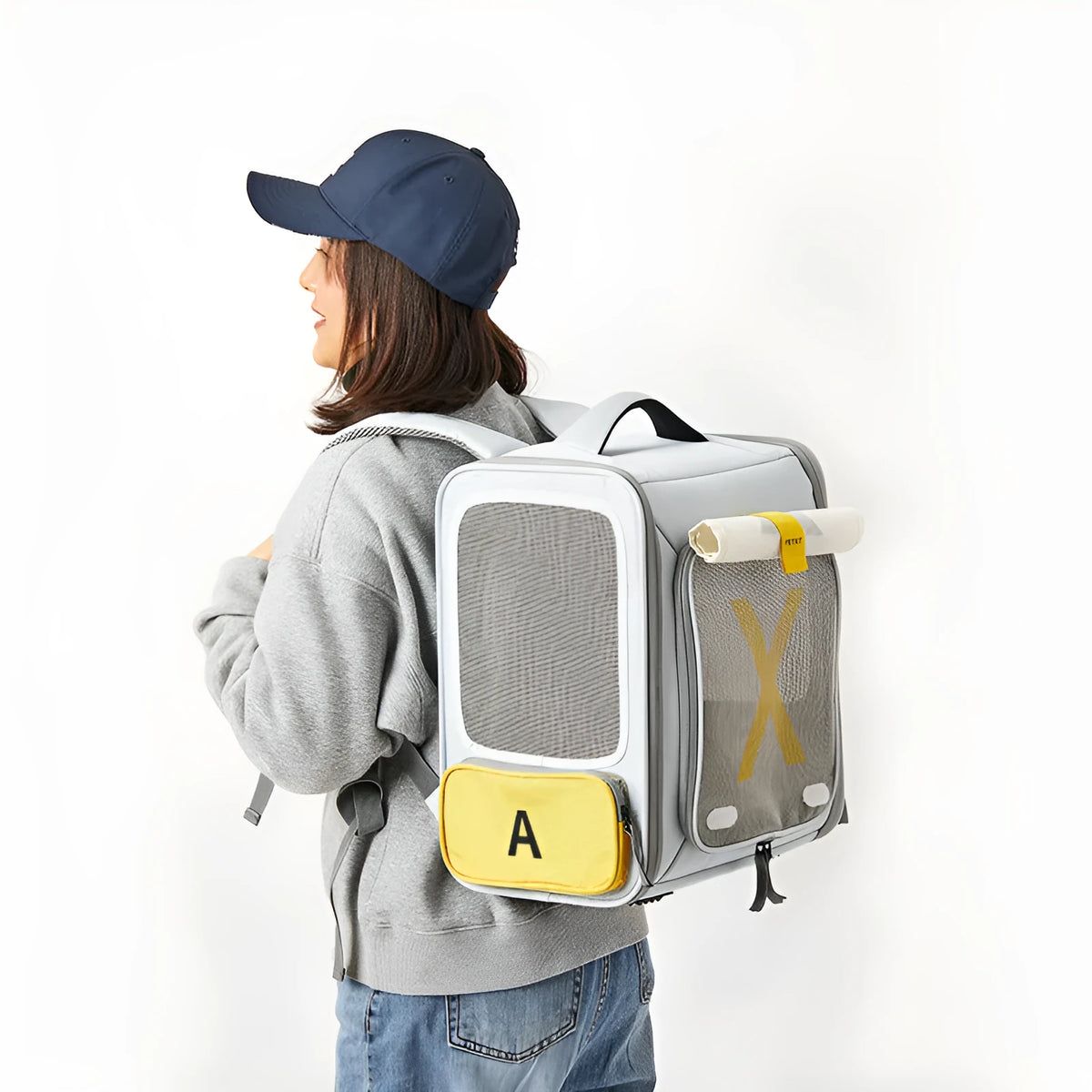 Portable pet space capsule backpack in polyester, expandable tent design, blue or grey, sizes 330x330x450mm and 350x560x430mm