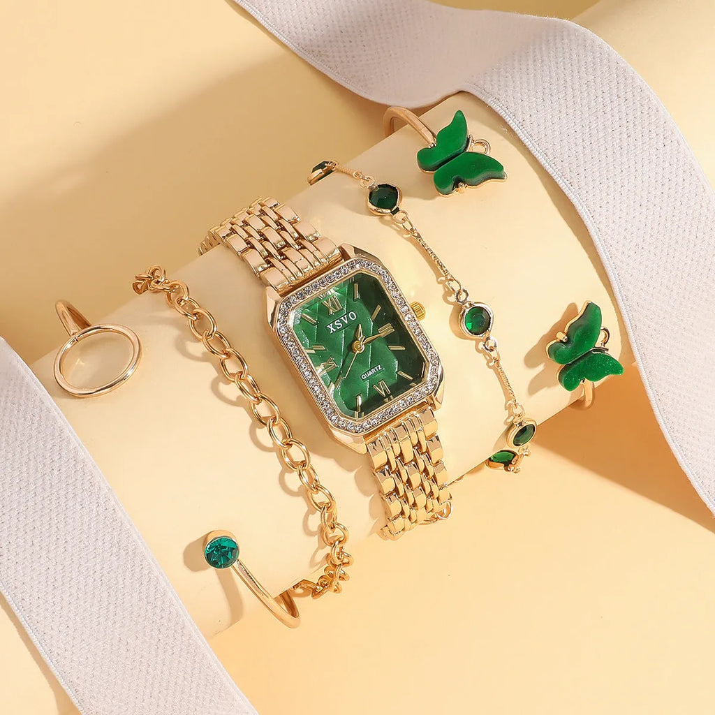 Women's green gold square watch with matching bracelets, alloy case, 25mm dial, jewellery buckle