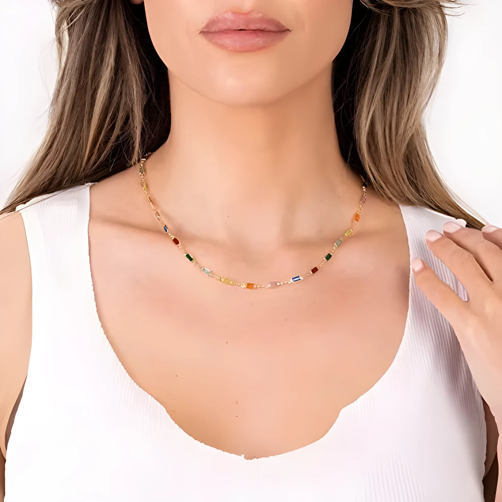 Geometric glass crystal pendant necklace on adjustable alloy chain with random colour electroplated finish