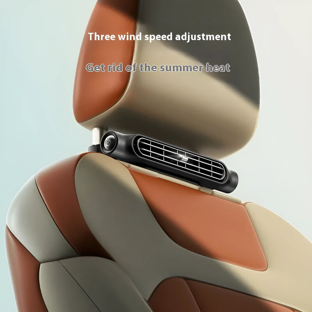 USB plug-in car seat fan with velcro straps, shown in black, white, and beige colour options.