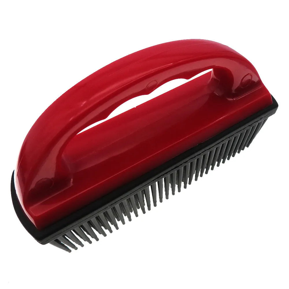 Red pet hair removal brush with 160mm by 85mm head for bath massage and carpet cleaning