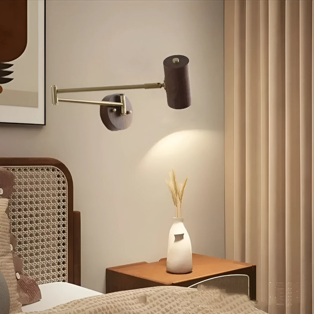 Retro walnut wood wall lamp with rotating spotlight and long arm extension