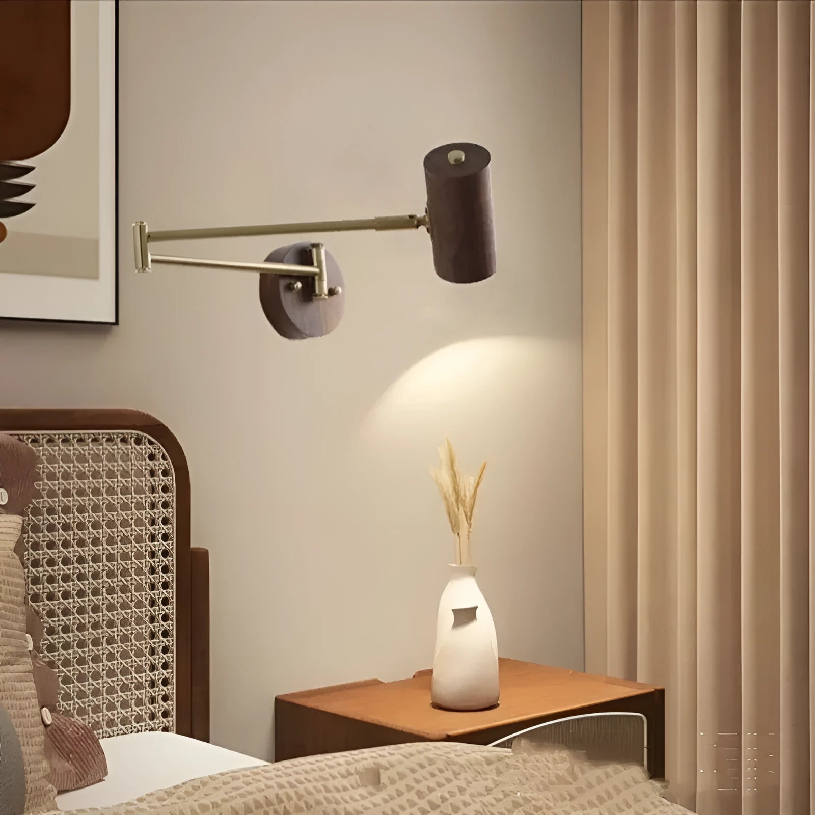 Retro walnut wood wall lamp with rotating spotlight and long arm extension