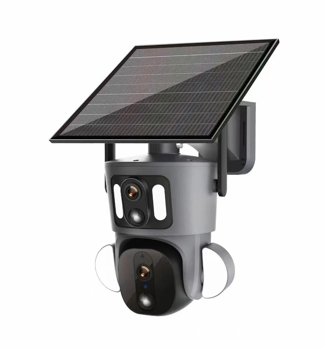 Solar-powered outdoor surveillance camera with three-screen display and 4MP resolution