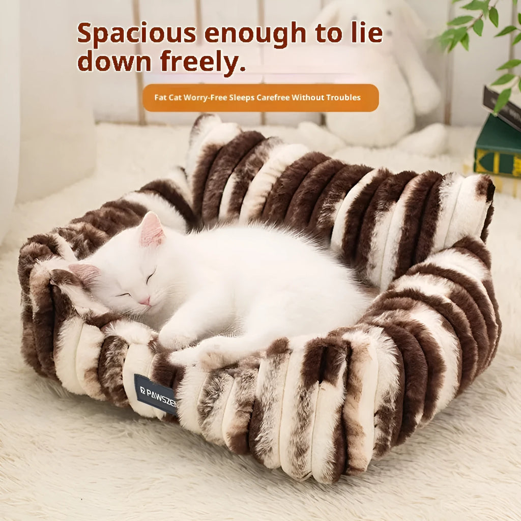 Large plush pet sofa bed for cats in brown colour with pattern drawing design and raised sides