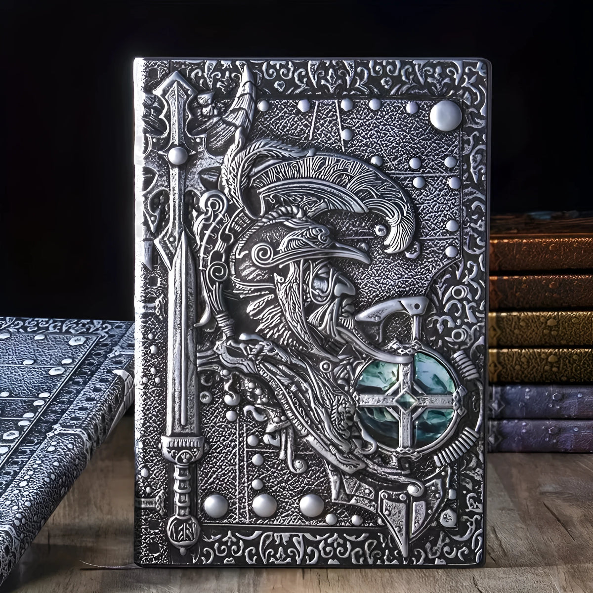 A5 leather notebook with embossed 3D warrior design on the cover.