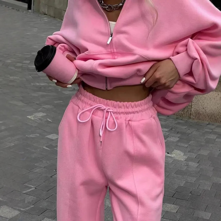 Women's pink cotton blend sweater and cropped pants two-piece set with collar stitching detail