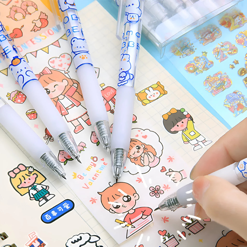 Pack of six cream and orange bear and rabbit themed press pen knives with safety blades.